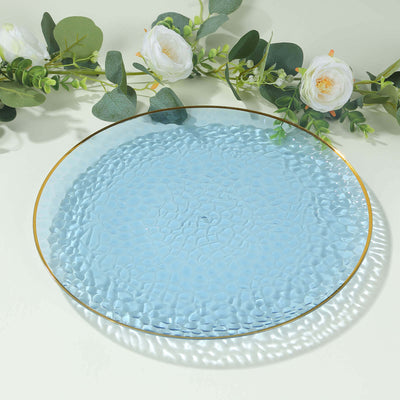 10 Pack Economy Plastic Round Charger Plates 13" in Transparent Dusty Blue Hammered Design with Gold Rim, Decorative Dinner Party Serving Plates