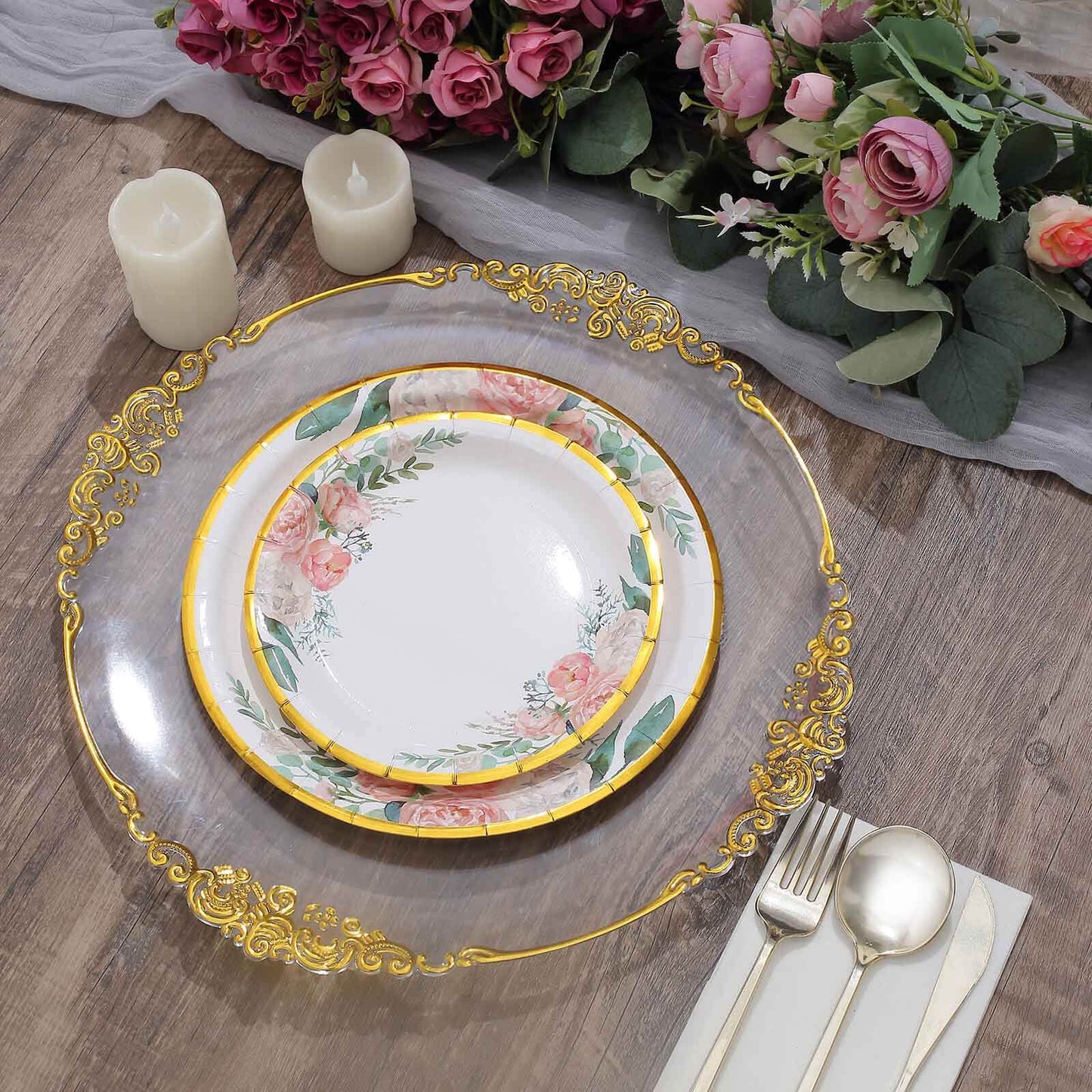 25-Pack Paper 7" Round Dessert Plates in White with Peony Floral Design & Gold Rim - Disposable Floral Salad Appetizer Plates for Brunches & Afternoon Teas