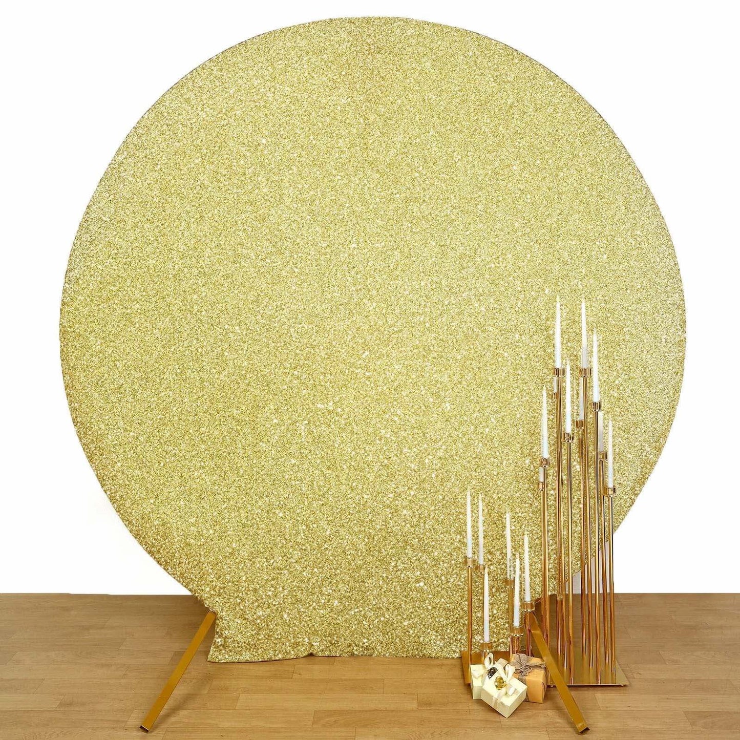 7.5ft Champagne Metallic Shimmer Tinsel Spandex Round Wedding Arch Cover, 2-Sided Photo Backdrop