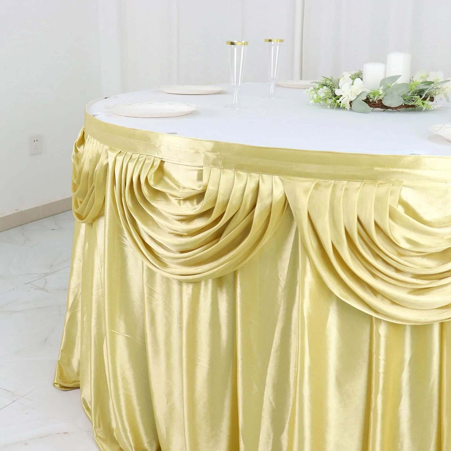 Satin 14ft Table Skirt Champagne - Pleated Double Drape Table Cover