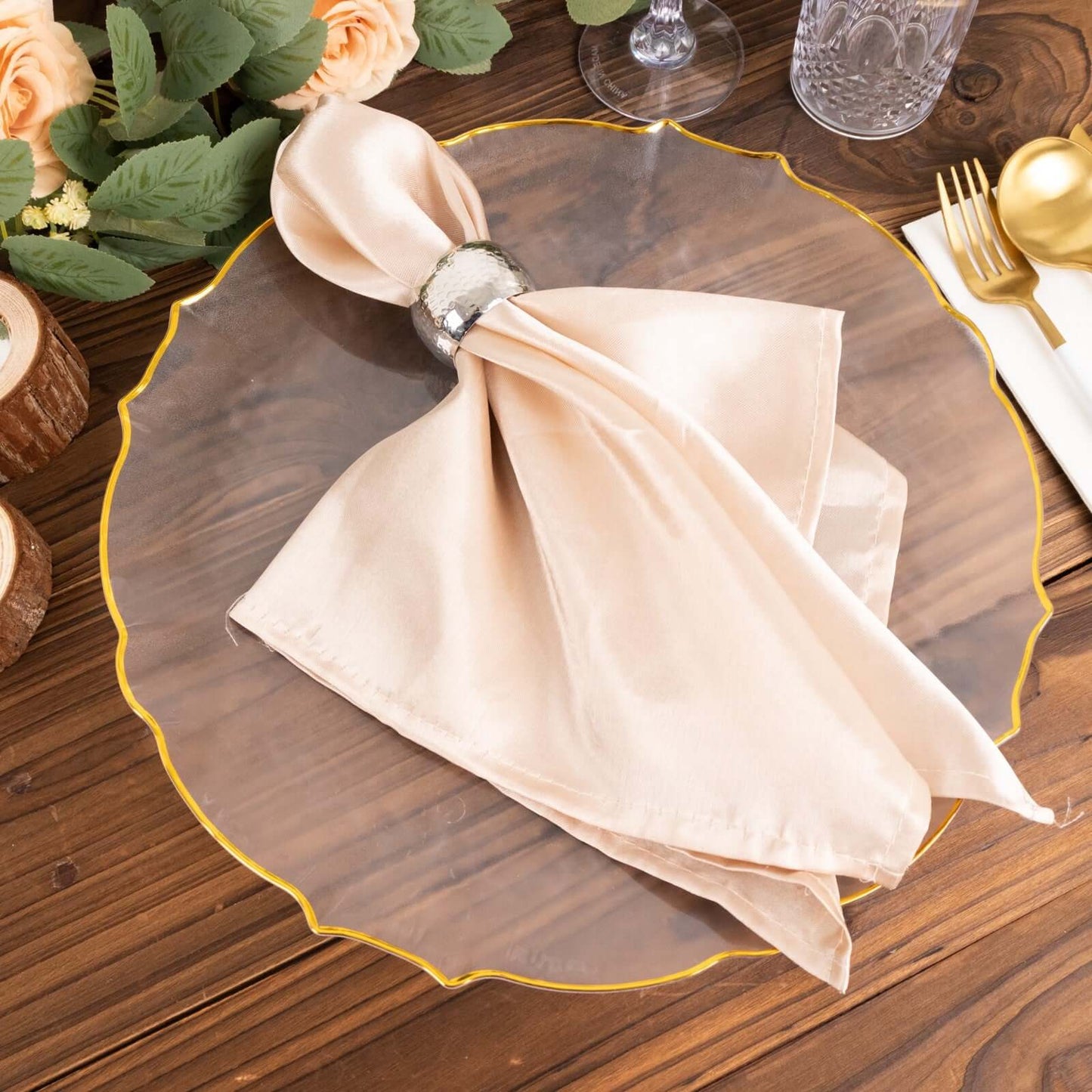 20 Pack Economy Plastic Round Charger Plates 13" in Clear Sunflower Design with Gold Scalloped Rim - Table Setting Plates