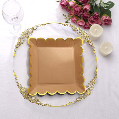 25-Pack Paper 9" Square Dinner Plates in Natural Brown with Gold Scalloped Rim - Disposable Party Plates for Rustic Gatherings & Chic Events