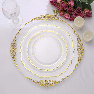 10-Pack Plastic 8" Round Dessert Plates in Clear with Gold Scalloped Rim - Disposable Appetizer/Salad Plates