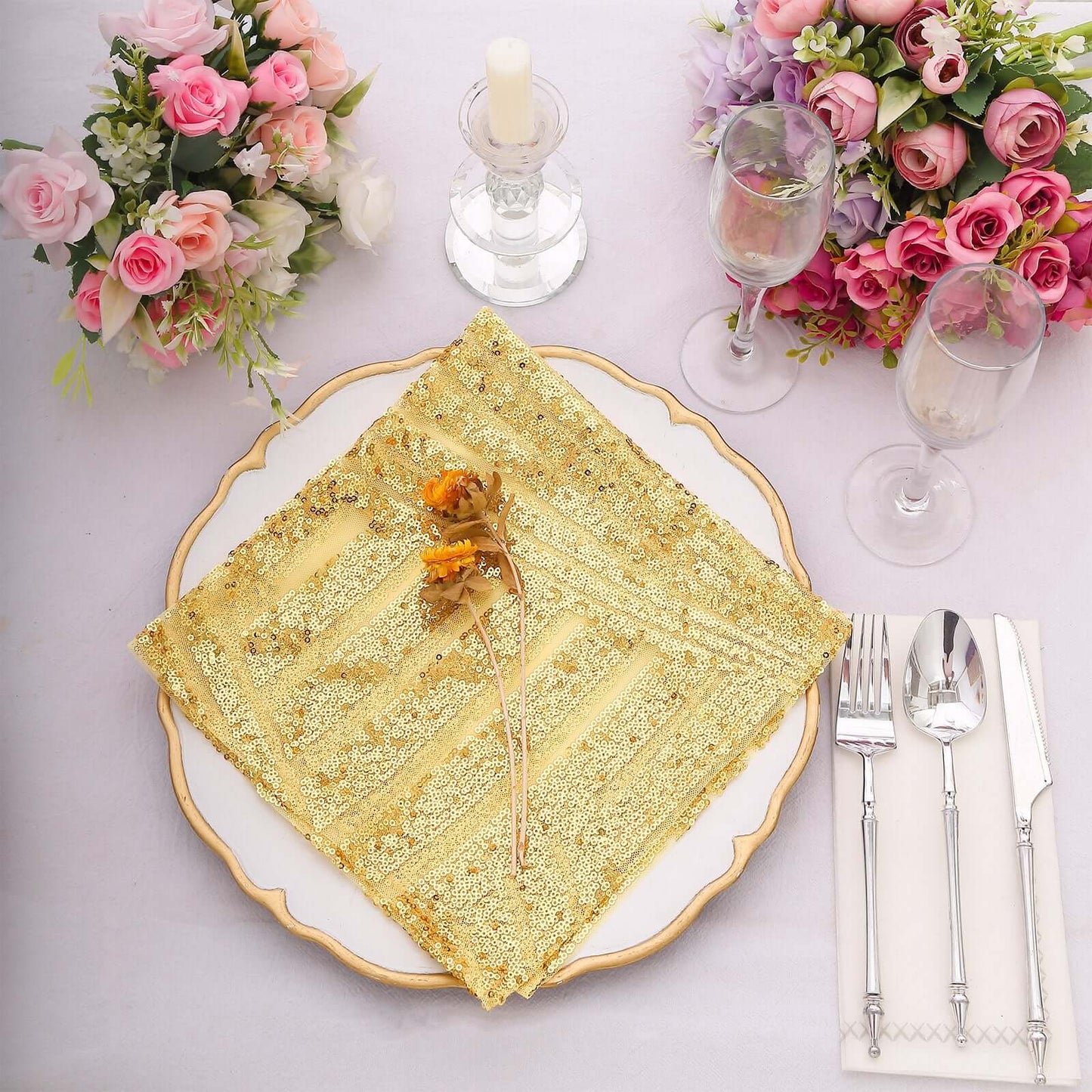 Sequin Napkins 20"x20" Gold - Diamond Pattern Reusable Napkin for Glamorous Table Settings