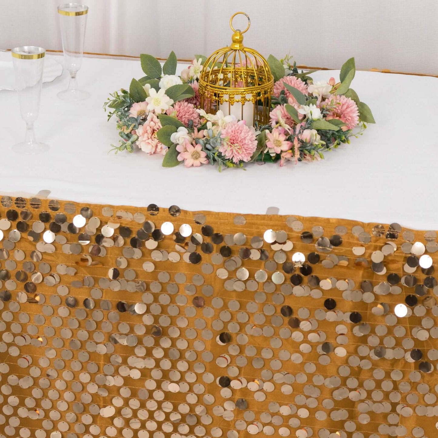 Payette Sequin 21ft Table Skirt Gold - Dual Layered Satin for Shimmering Event DÃ©cor