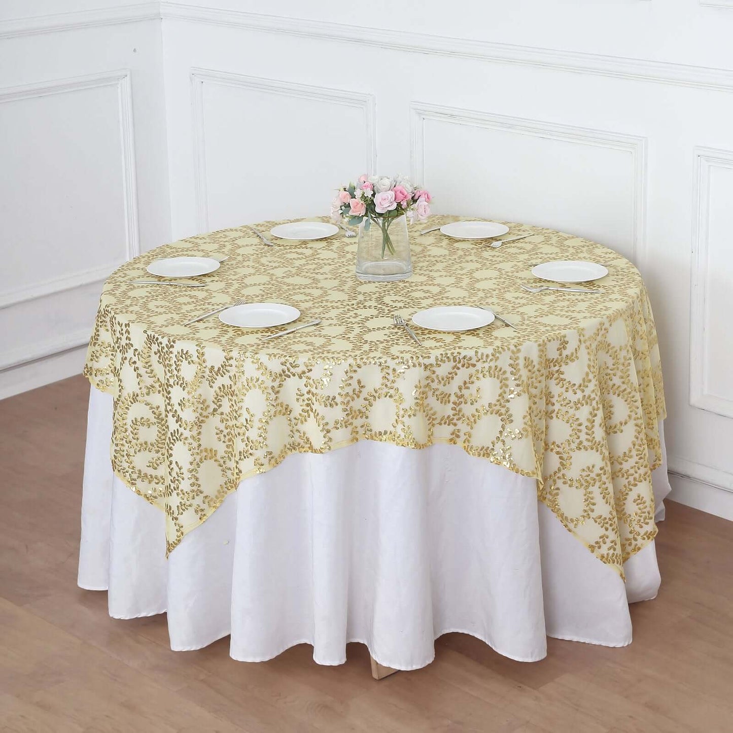 Tulle 72"x72" Table Overlay Square Tablecloth Gold - Sequin Leaf Embroidered Design for Stylish Occasions