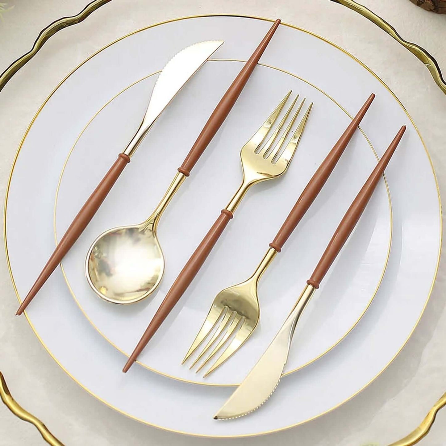 24-Pack Plastic Flatware Set in Metallic Gold with Brown Handle - Heavy Duty Disposable Modern Silverware 8"