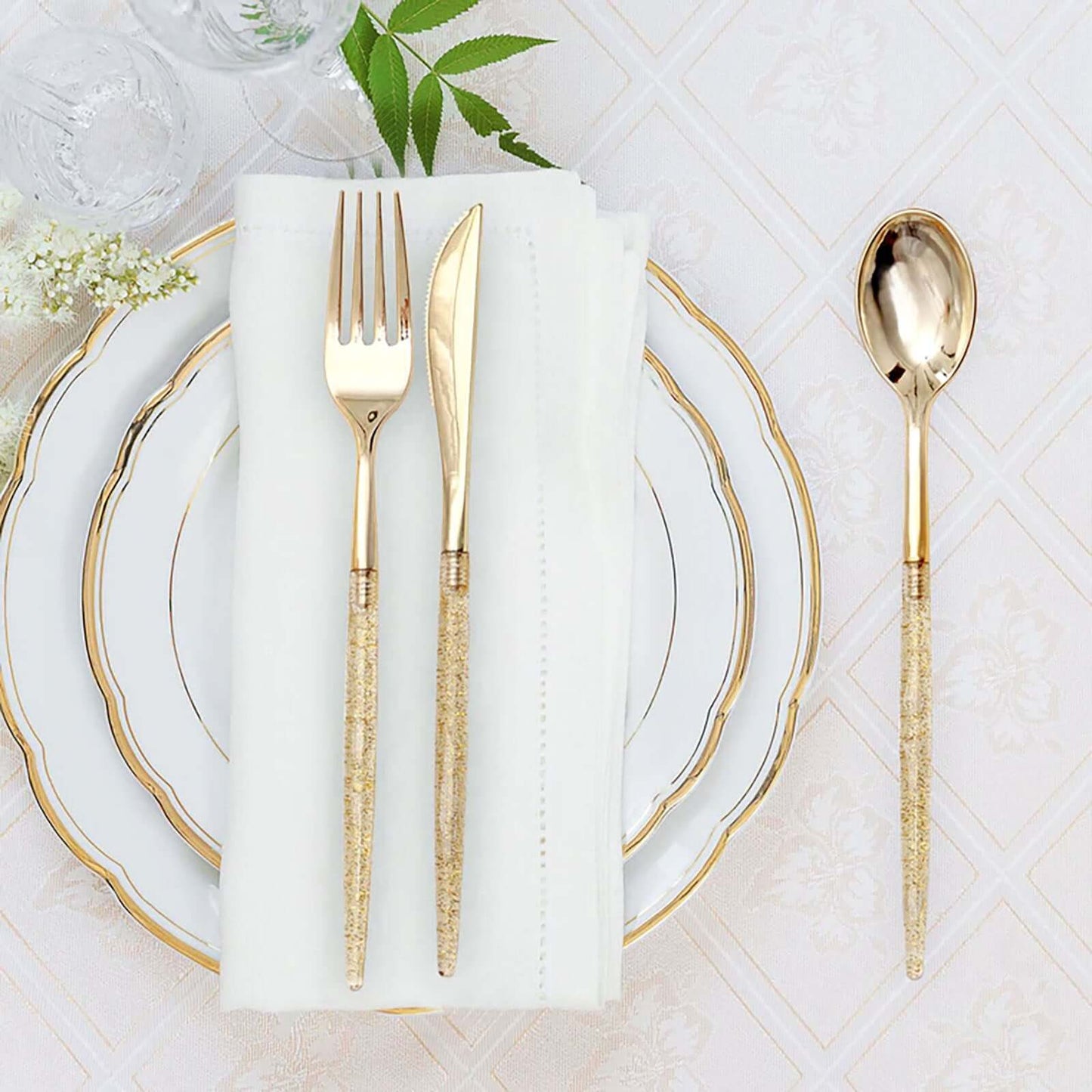 24-Pack Plastic Cutlery Set Metallic Gold with Gold Glitter - Stylish Disposable Silverware Pack 8"