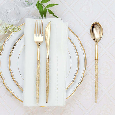 24-Pack Plastic Cutlery Set Metallic Gold with Gold Glitter - Stylish Disposable Silverware Pack 8"