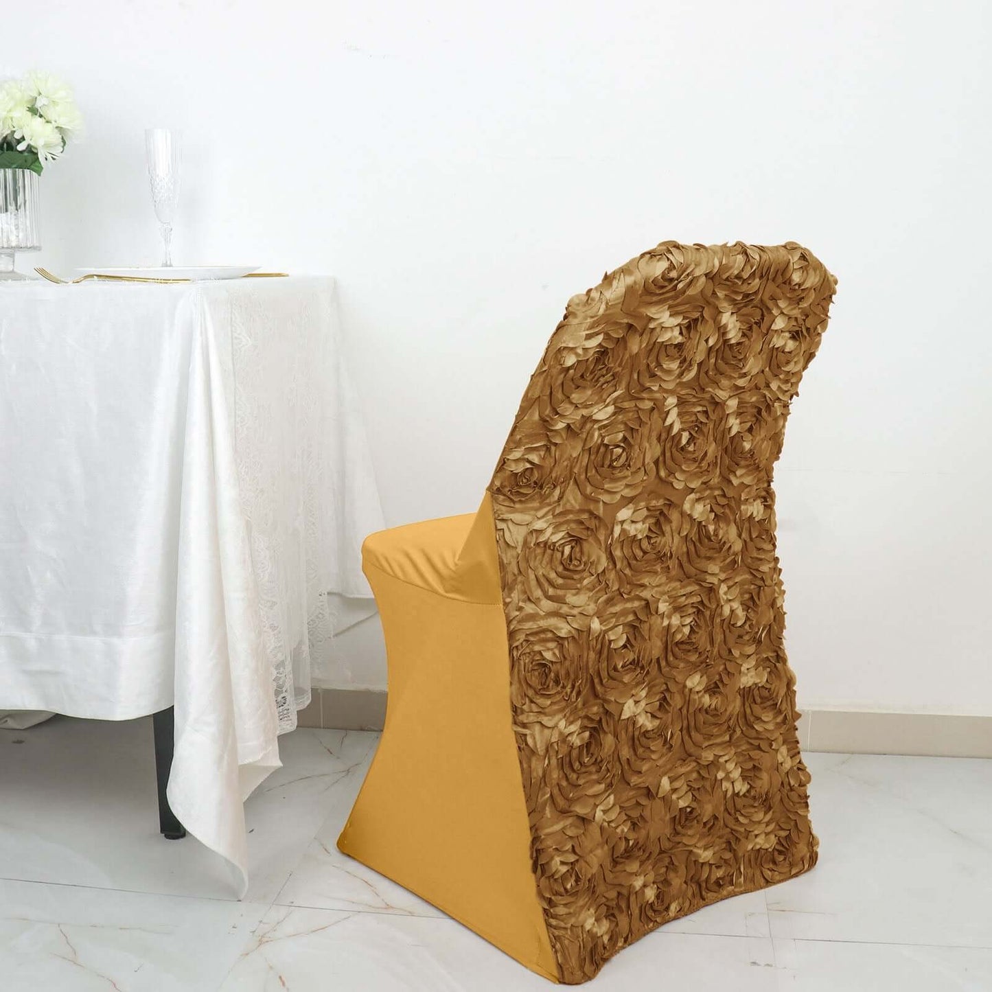 Spandex Chair Cover Gold for Folding Chairs - Durable Stretch Fitted Slipcover with Satin Rosette Design