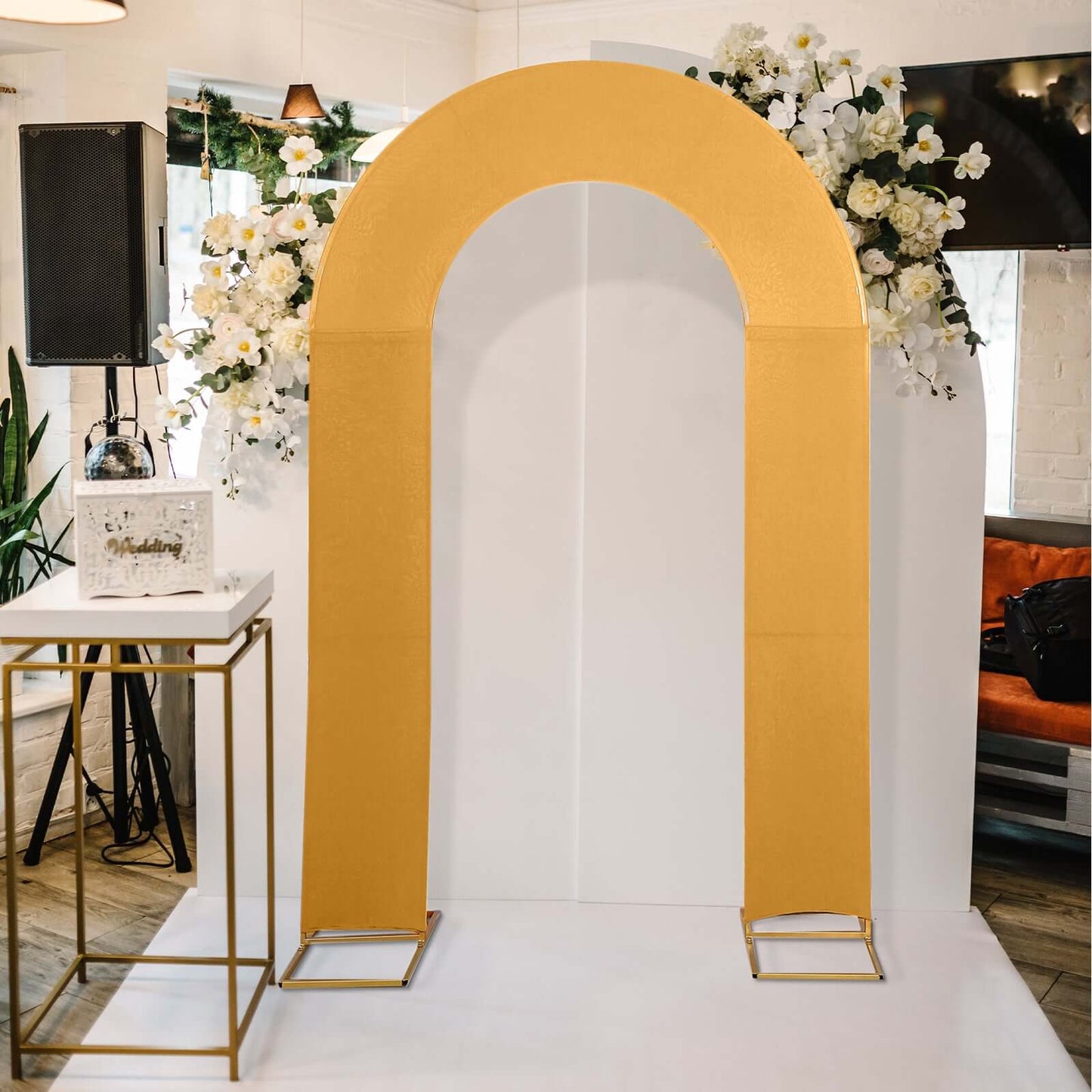 8ft Gold Spandex Fitted Open Arch Wedding Arch Cover, Double-Sided U-Shaped Backdrop Slipcover