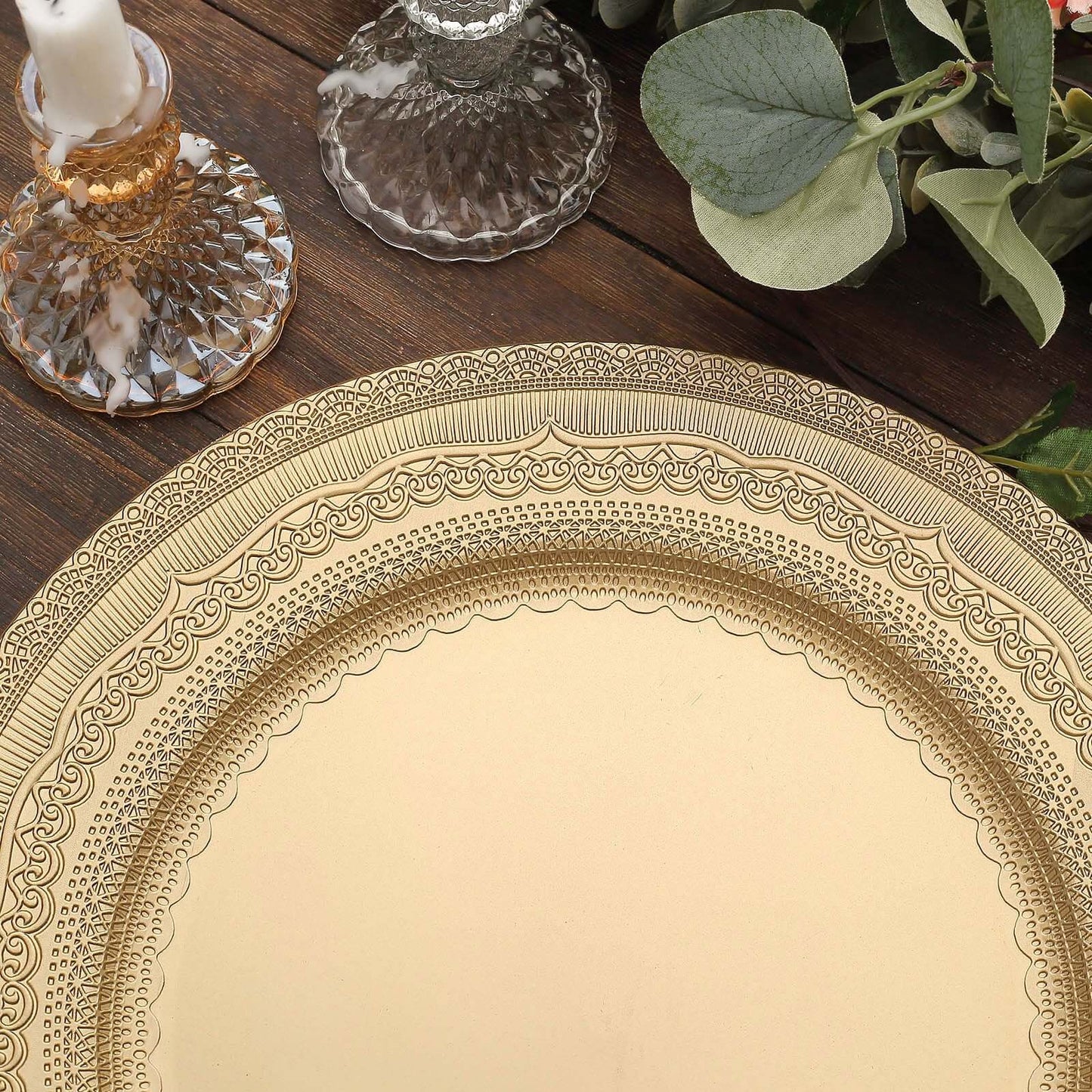 6-Pack Acrylic Round Charger Plates 13" in Gold with Lace Embossed Rim, Rustic Plastic Decorative Charger Tableware