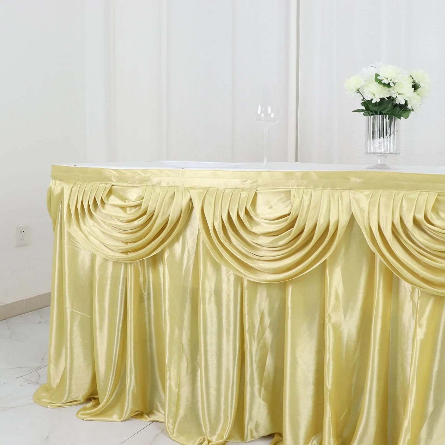 Satin 14ft Table Skirt Champagne - Pleated Double Drape Table Cover