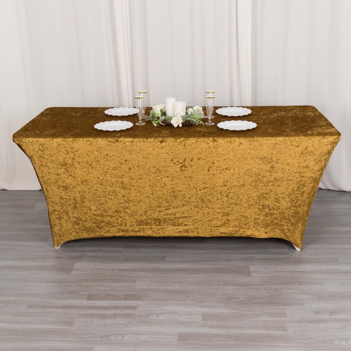 Crushed Velvet Fitted Rectangular 6ft Table Cover Gold - Wrinkle-Free Stretchy Tablecloth