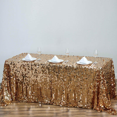 Sequin 90"x132" Rectangle Tablecloth Gold - Seamless Big Payette Design for Sophisticated Occasions