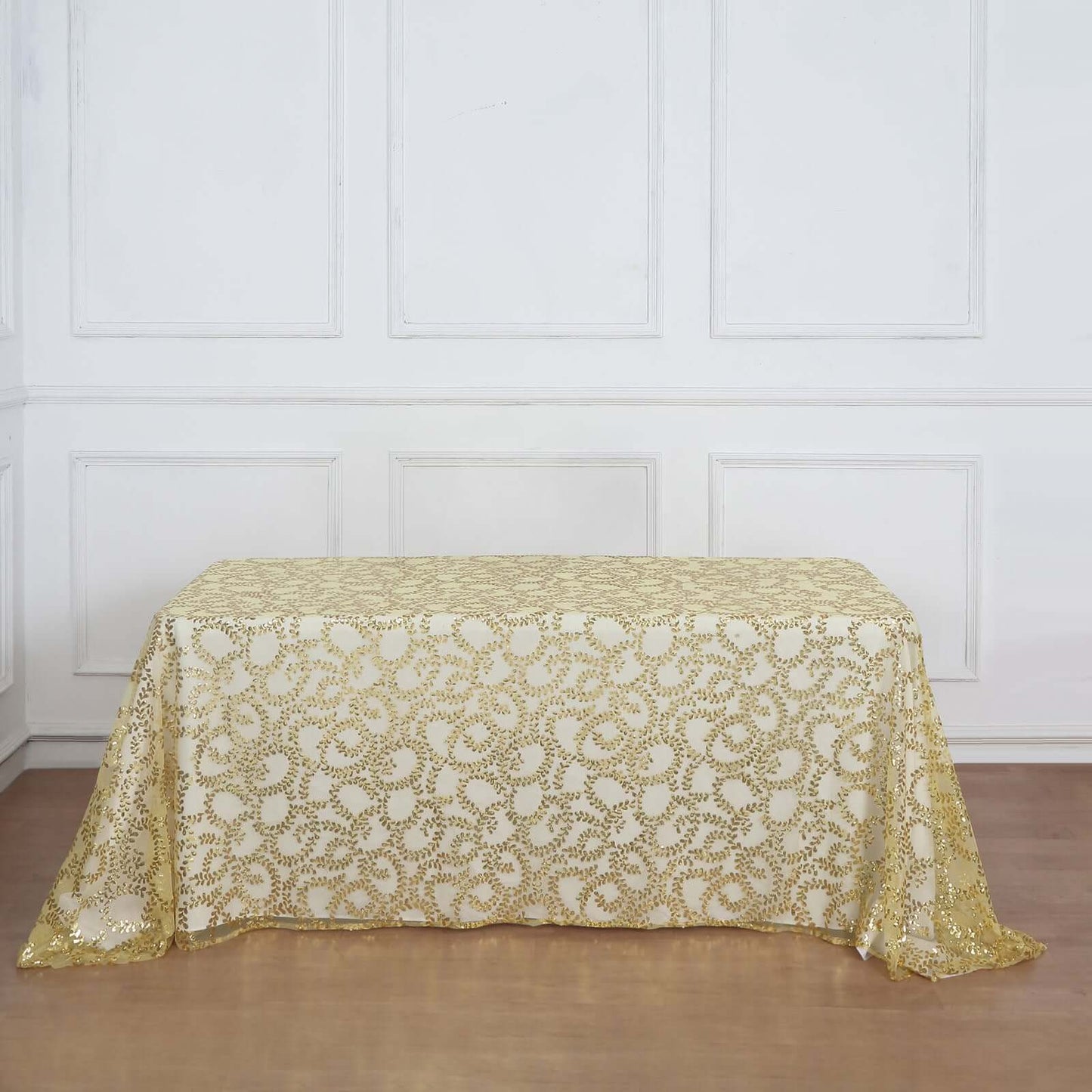 Tulle 90"x156" Rectangle Tablecloth Gold - Sequin Leaf Embroidered Design for Luxe Celebrations