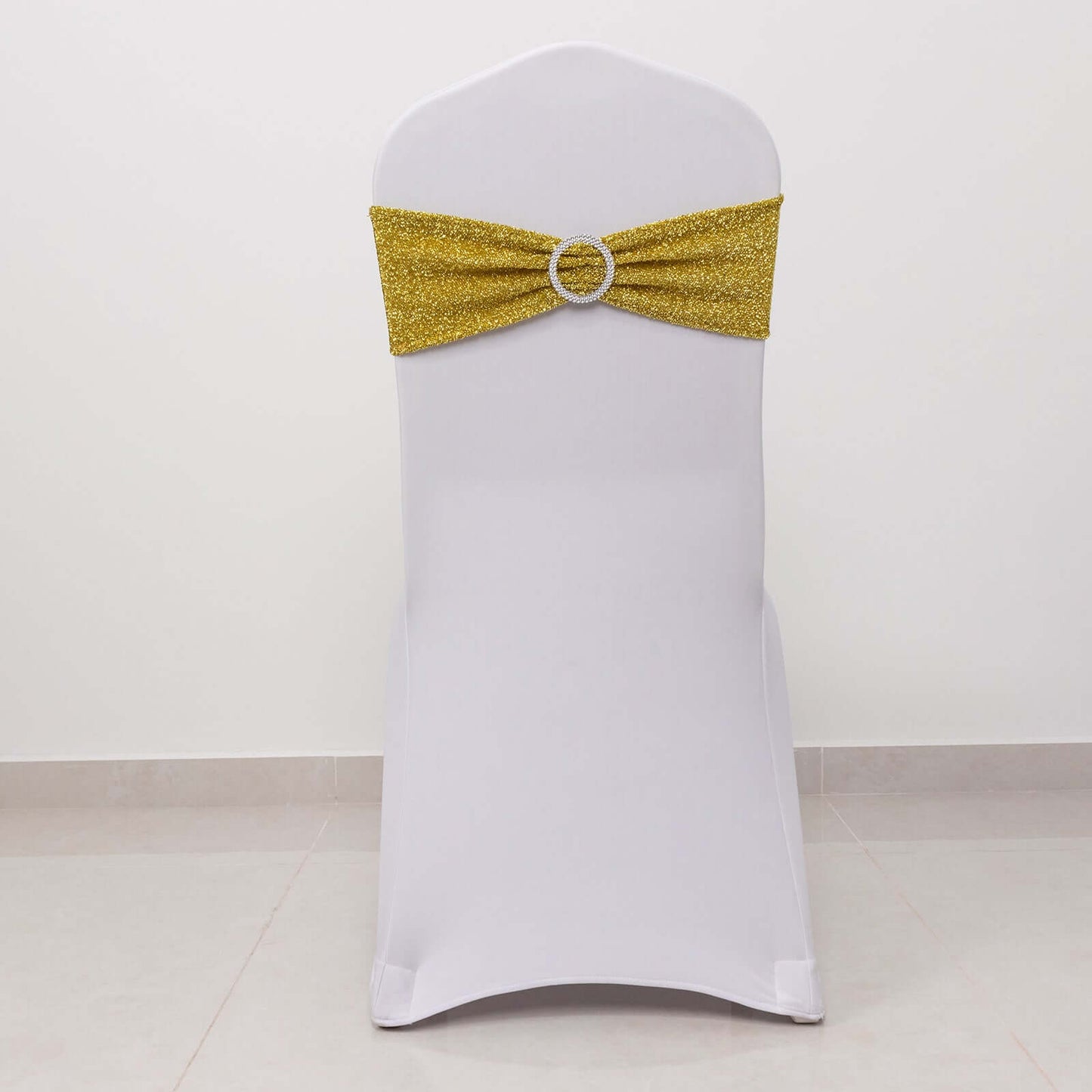 5 Pack Chair Sashes Shimmer Tinsel Spandex 5"x12" with Silver Rhinestone Buckles Gold - Stylish Decor for Weddings