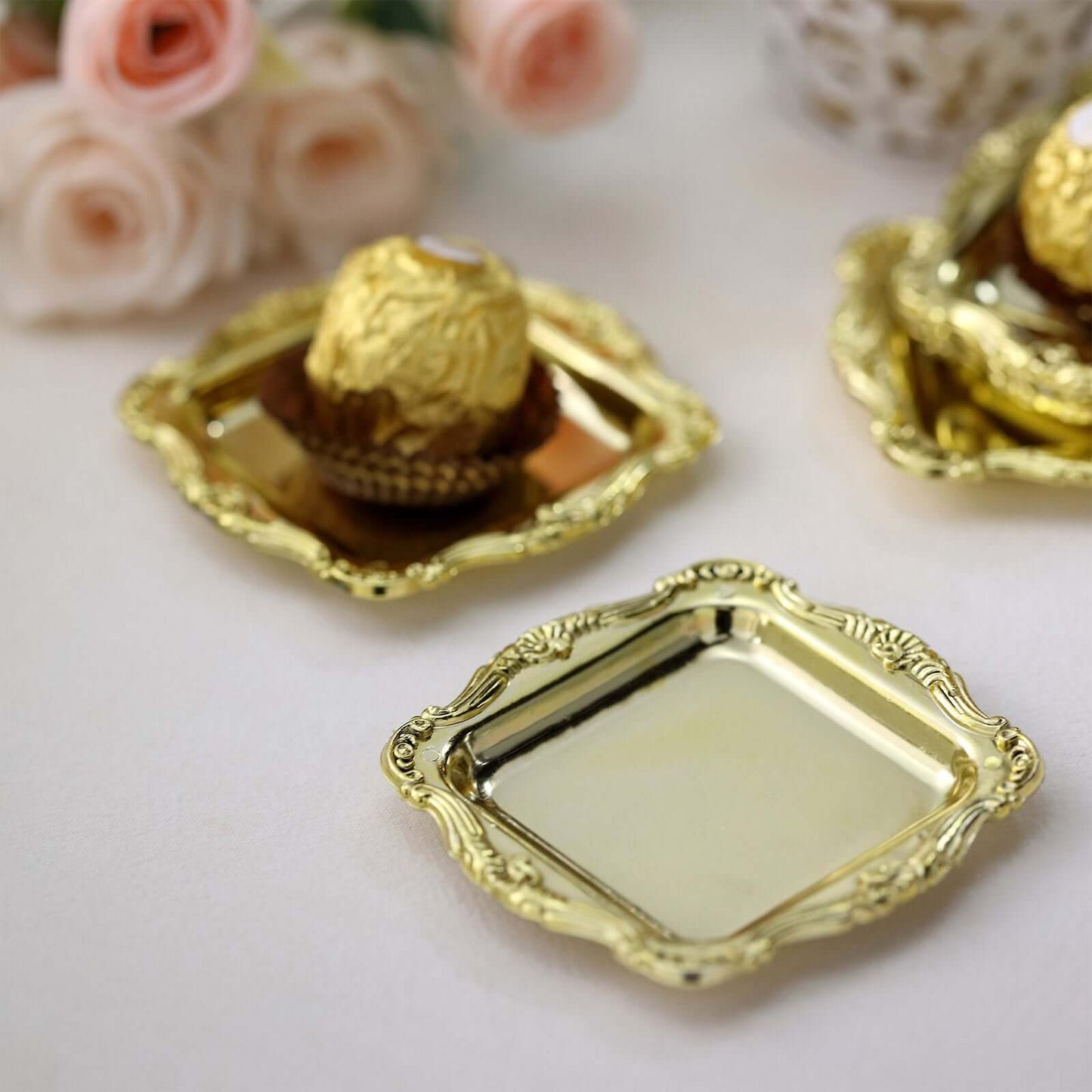 12 Pack 3" Gold Baroque Mini Square Sweet Treats Serving Platter, Party Favor Candy Display Tray