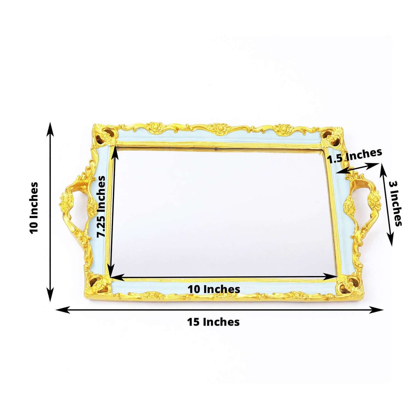 Resin Mirrored Rectangle Serving Tray 15"x10" in Mint Green with Gold Baroque Design, Stylish Decorative Vanity Tray Centerpiece