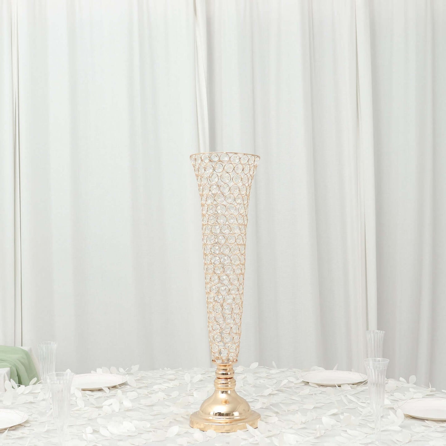 2-Pack Crystal Beaded Trumpet Vase Gold - Exquisite Floral Display Centerpiece Stand Set for Banquets & Receptions 28" Tall