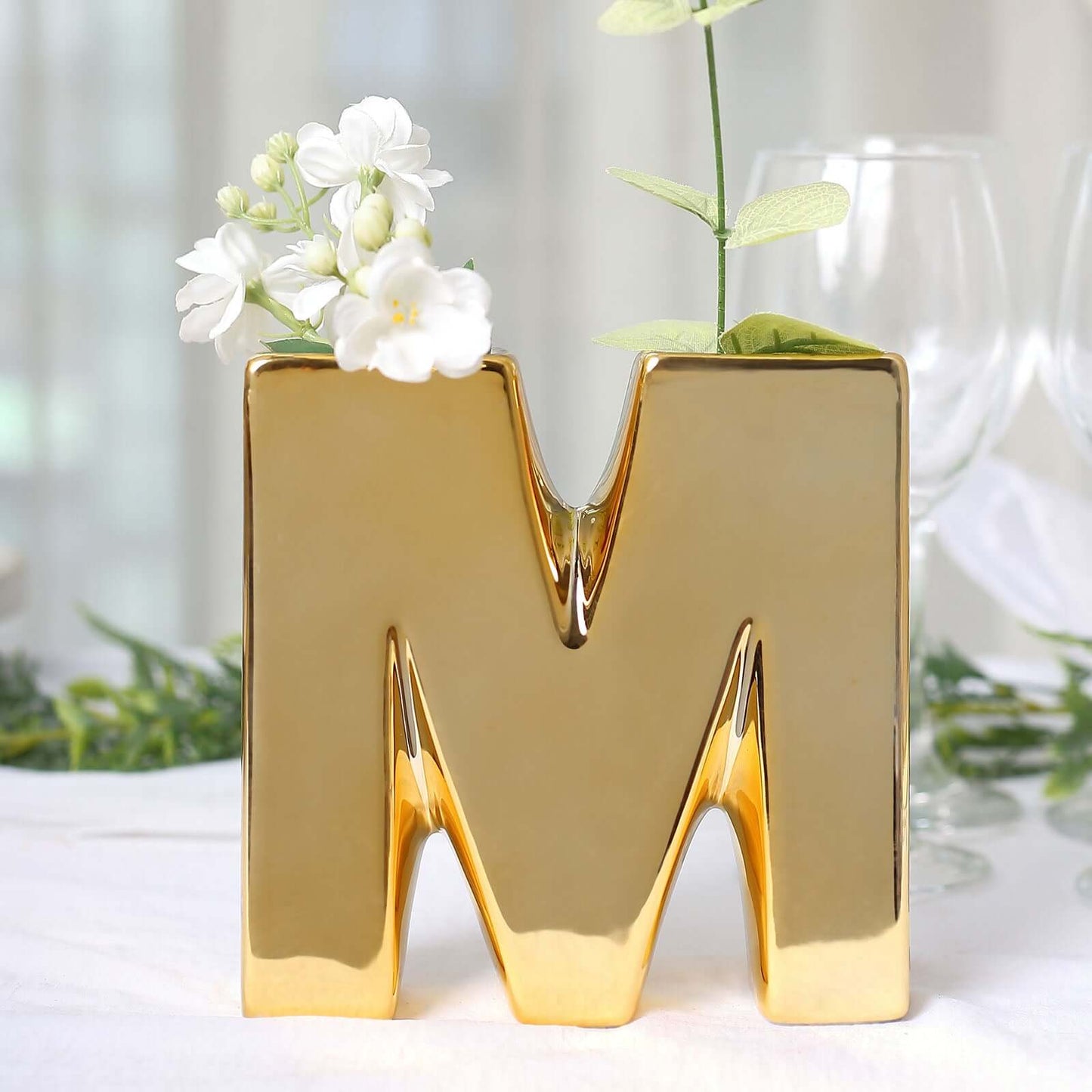 Shiny Ceramic Vase Letter "M" Gold Plated - Chic Bud Planter Pot for Events & Decor 6"