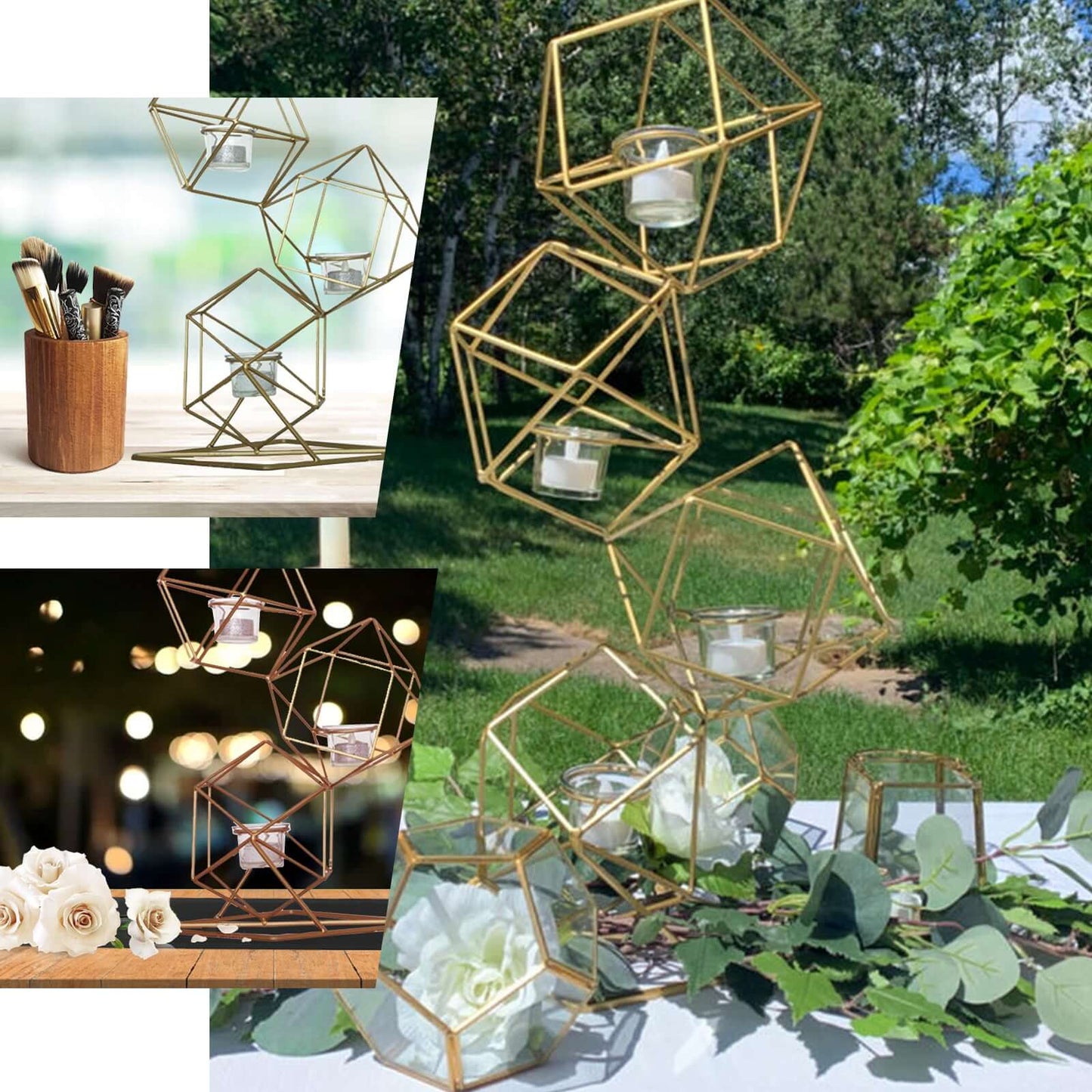 Tealight Candle Holder Metal Linked Geometric Design Gold with Votive Glass Holders - Sophisticated Decor for Tables & Gatherings 25"