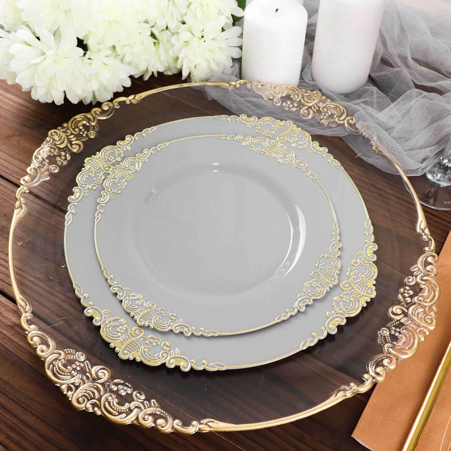 10-Pack Plastic 10" Round Dinner Plates in Gray with Gold Leaf Embossed Rim - Disposable Vintage Baroque Style Plates