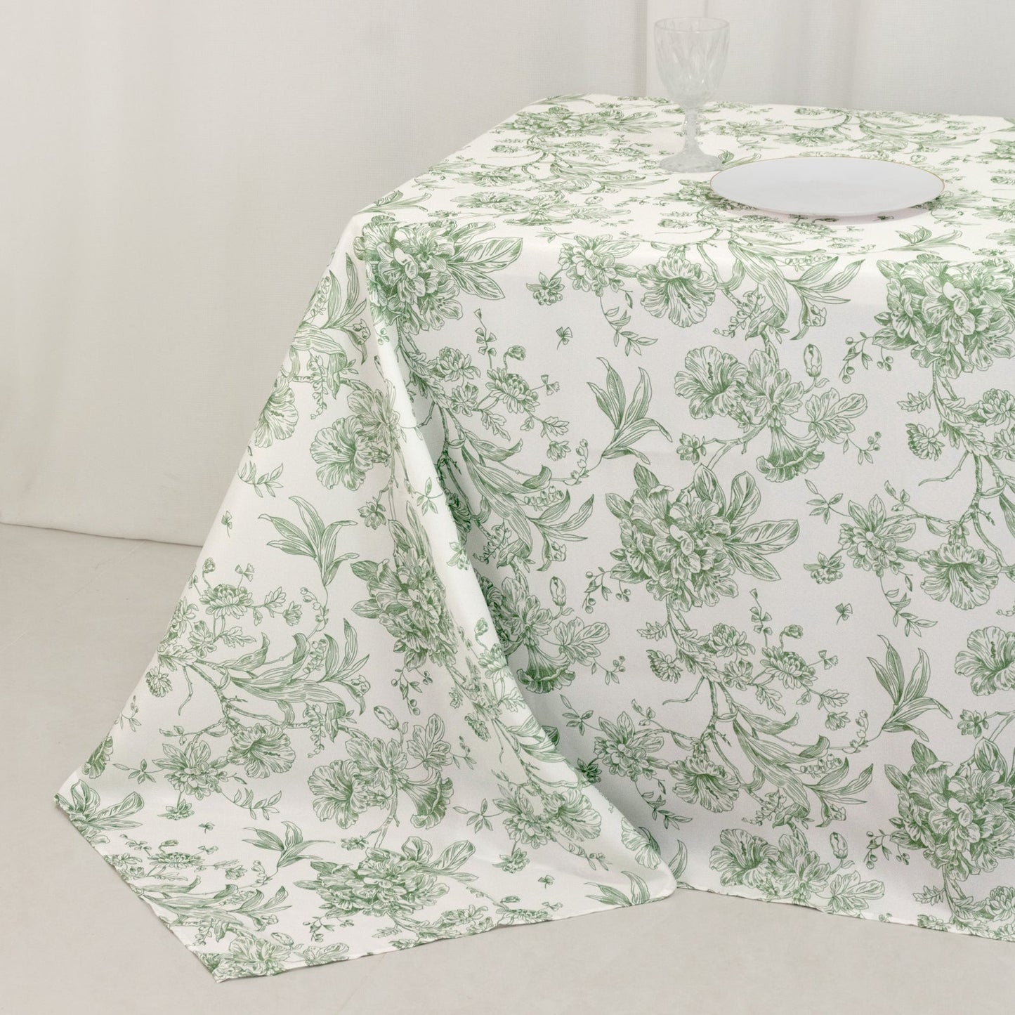 Polyester 90"x156" Rectangle Tablecloth White - Seamless Dusty Sage Green French Toile Pattern for Grand Occasions