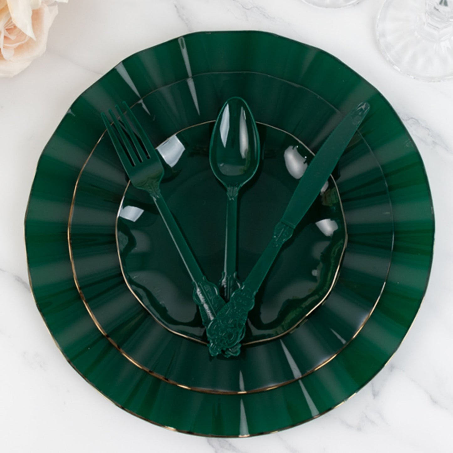 72 Pcs Plastic Silverware Set in Baroque Style Hunter Emerald Green - Heavy Duty Disposable Knife, Fork, and Spoon Set