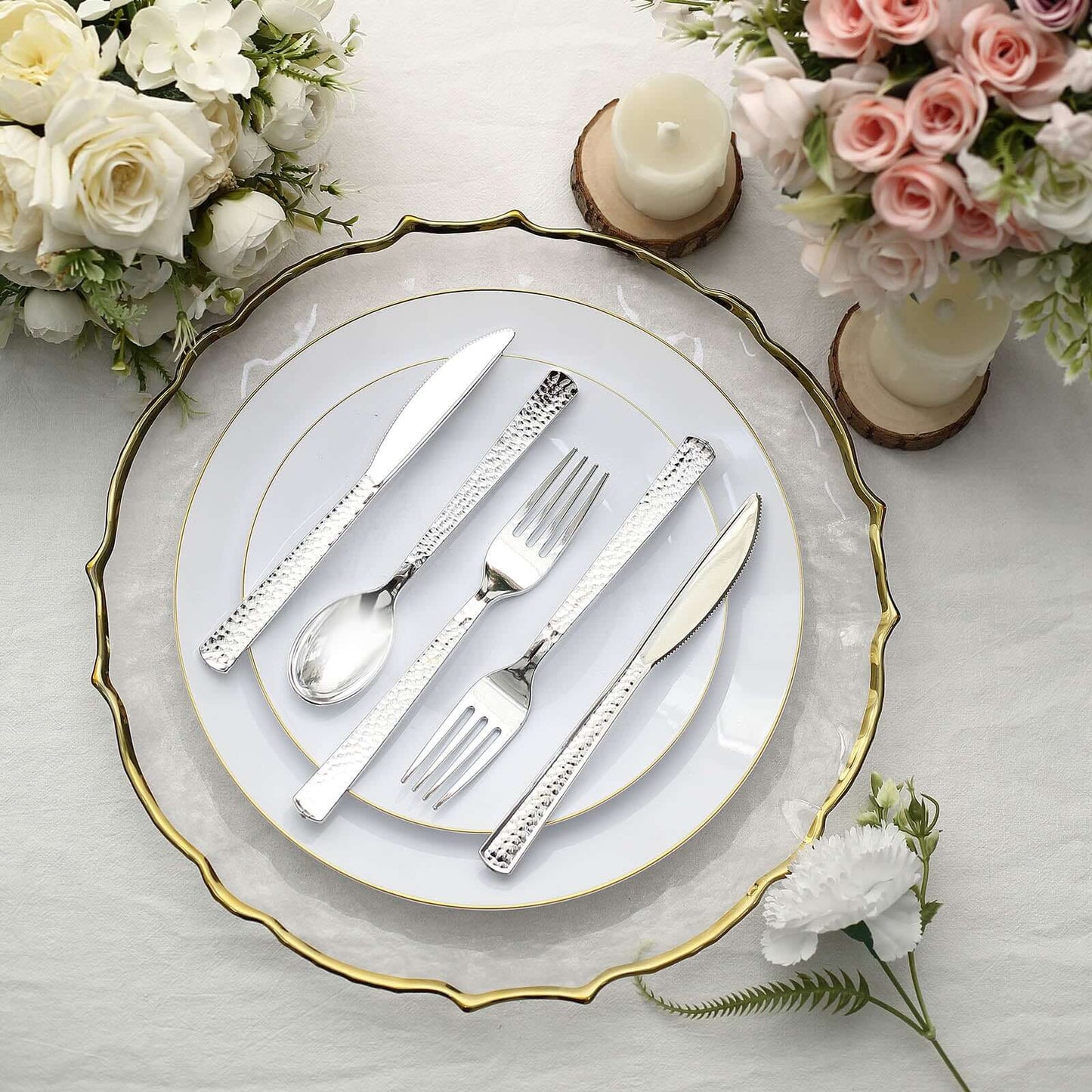 24-Pack Plastic Silverware Set with Hammered Design Silver - Heavy Duty Disposable Utensils 7"