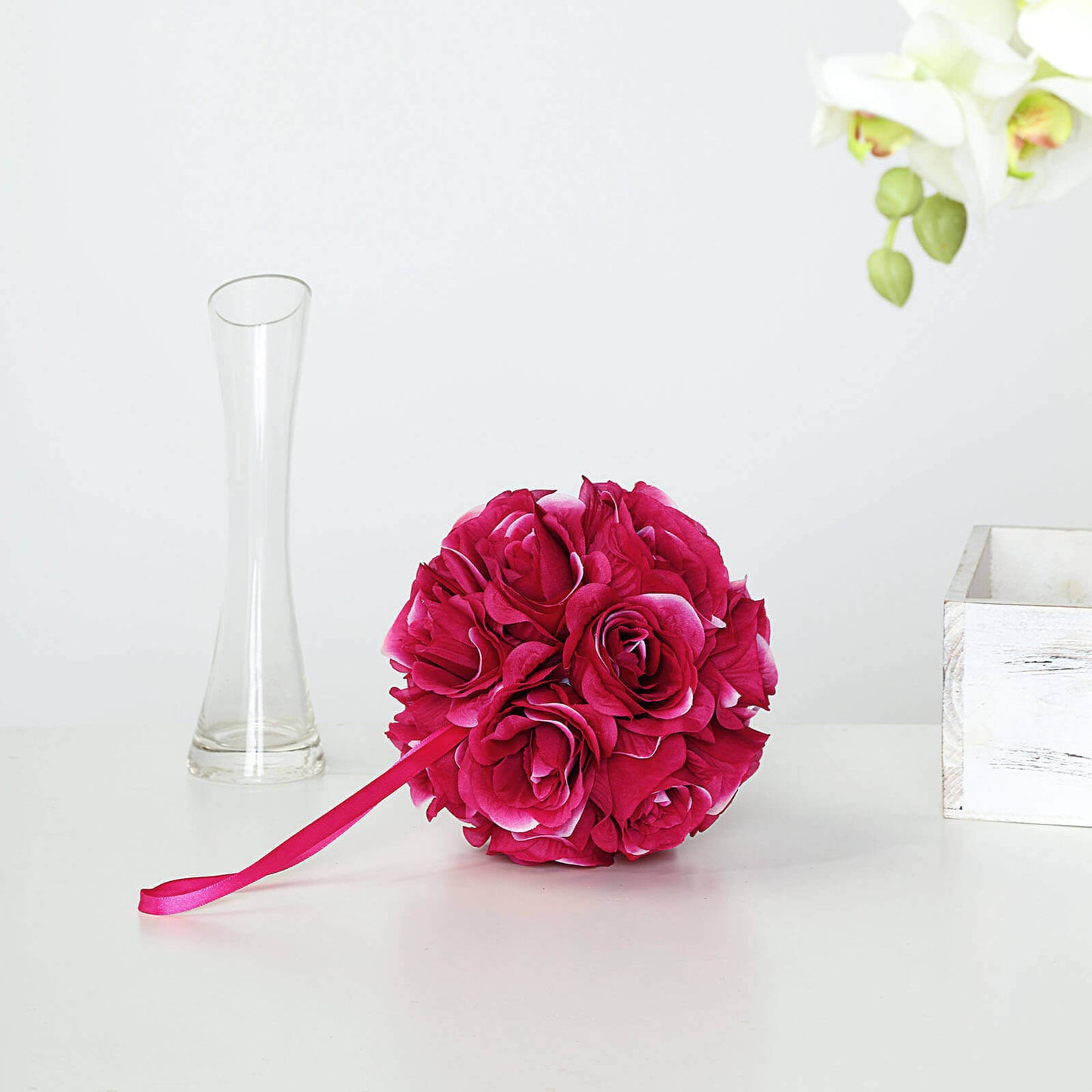 2 Pack 7" Fuchsia Artificial Silk Rose Kissing Ball, Flower Ball