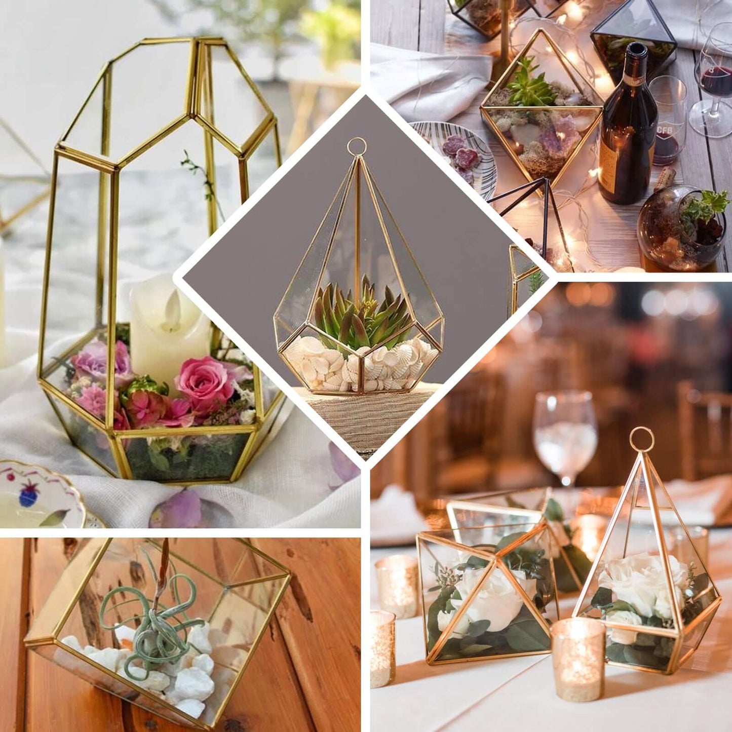 Glass Terrarium Hanging House Lantern Design Metal Gold - Versatile Holder for Air Plants & Displays 11"