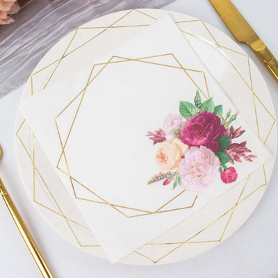 20-Pack Paper Napkins White with Gold Hexagon Frame & Floral Print 6.5"