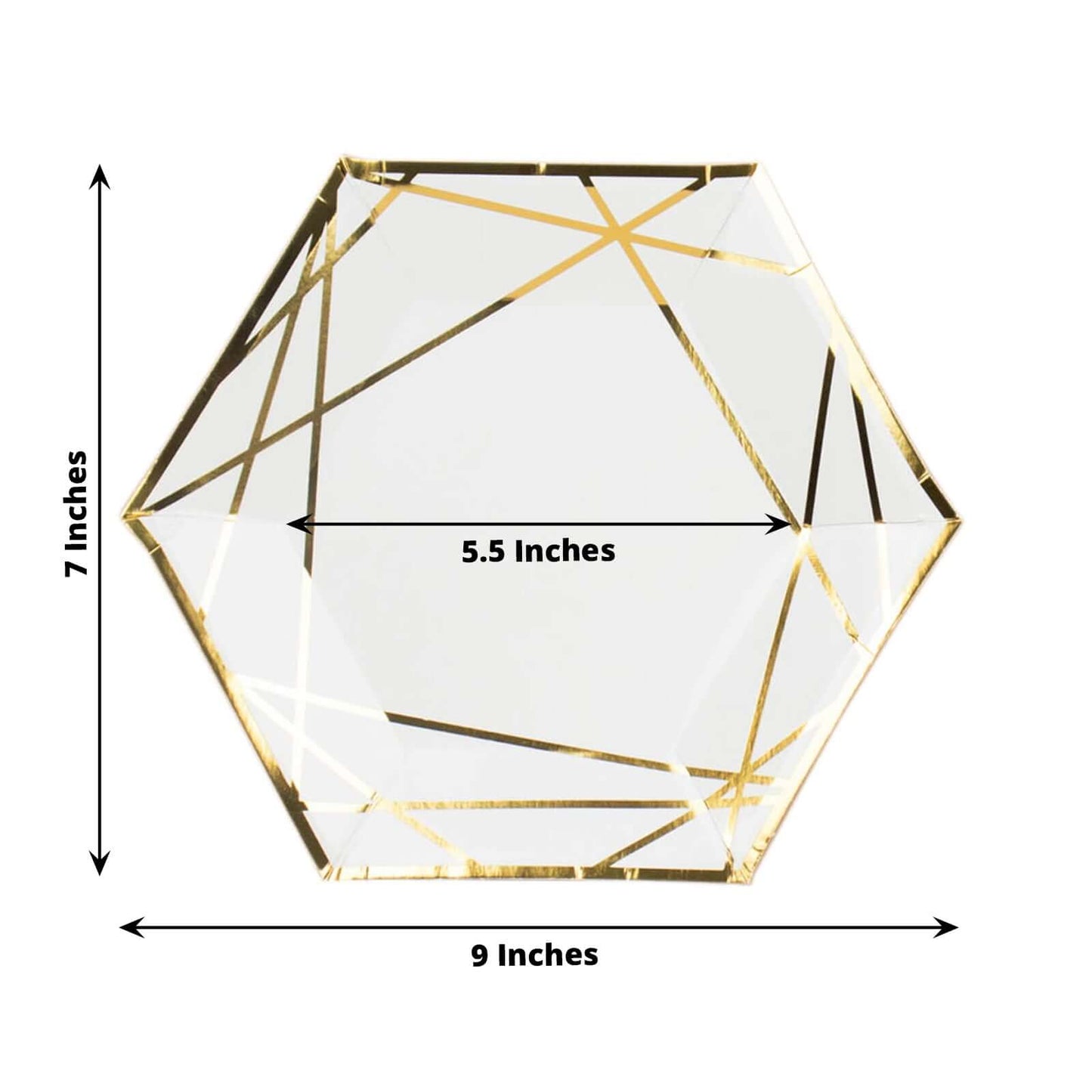 25-Pack Paper 7" Hexagon Dessert Plates in White with Gold Geometric Lines & Rim - Stylish Disposable Geometric 300GSM Appetizer Salad Plates for Events & Banquets
