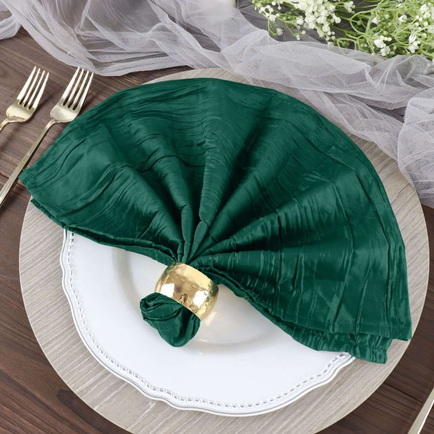 5 Pack Taffeta 20"x20" Napkins Hunter Emerald Green - Accordion Crinkle Dinner Napkins