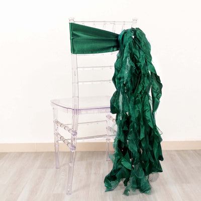 5 Pack Chiffon Satin Chair Sashes Hunter Emerald Green - Easy to Install Ruffled Curly Willow