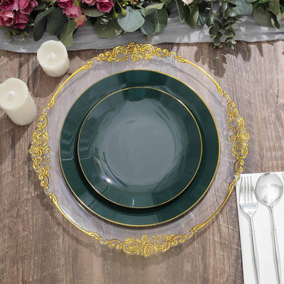10-Pack Plastic 10" Round Dinner Plates in Hunter Emerald Green with Gold Rim - Glossy Disposable Party Plates
