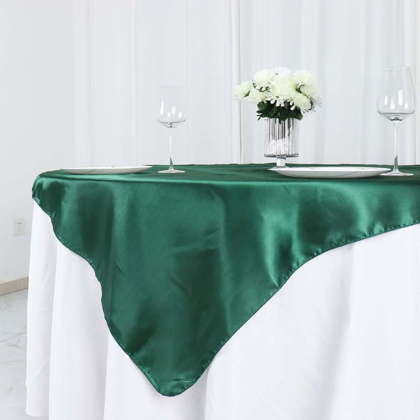 Satin 60"x60" Table Overlay Square Tablecloth Hunter Emerald Green - Smooth Silky Touch Table Cover