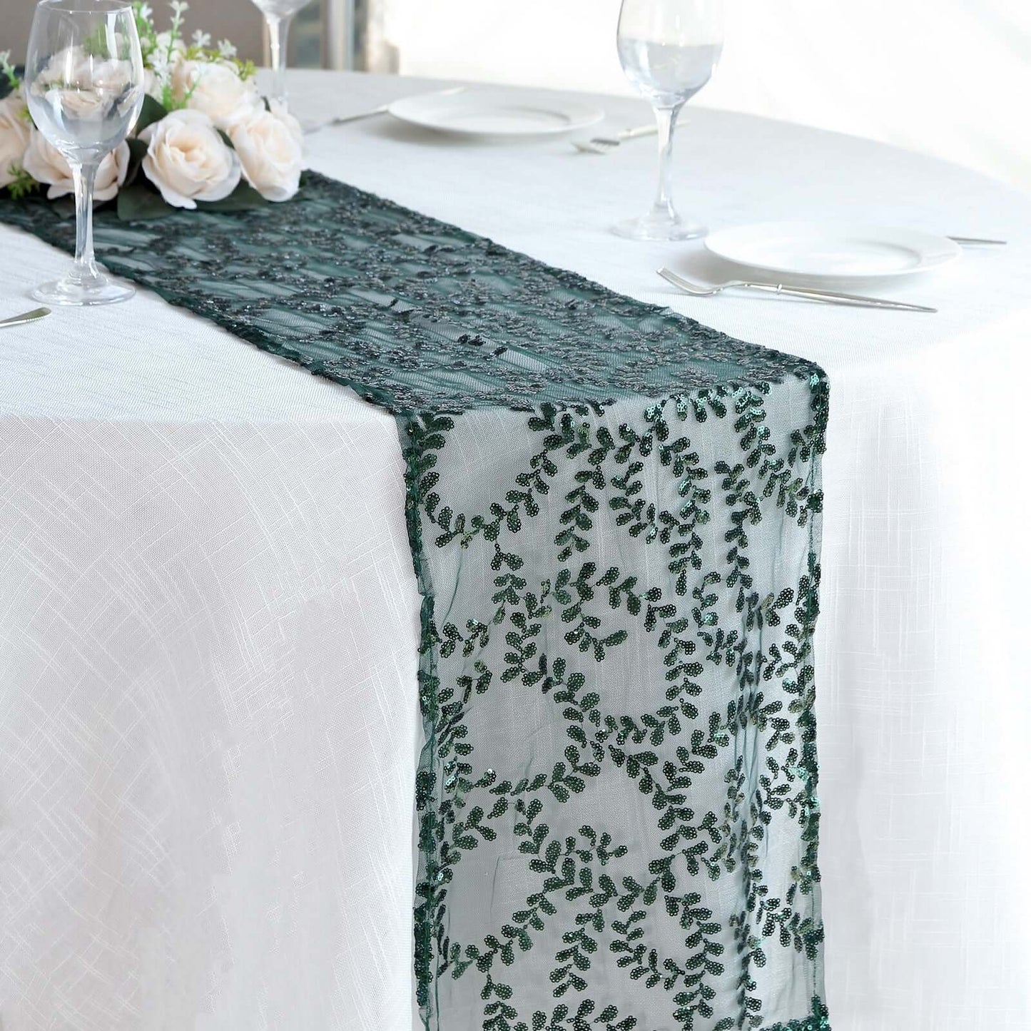 Mesh 12"x108" Table Runner Hunter Emerald Green - Leaf Vine Embroidery