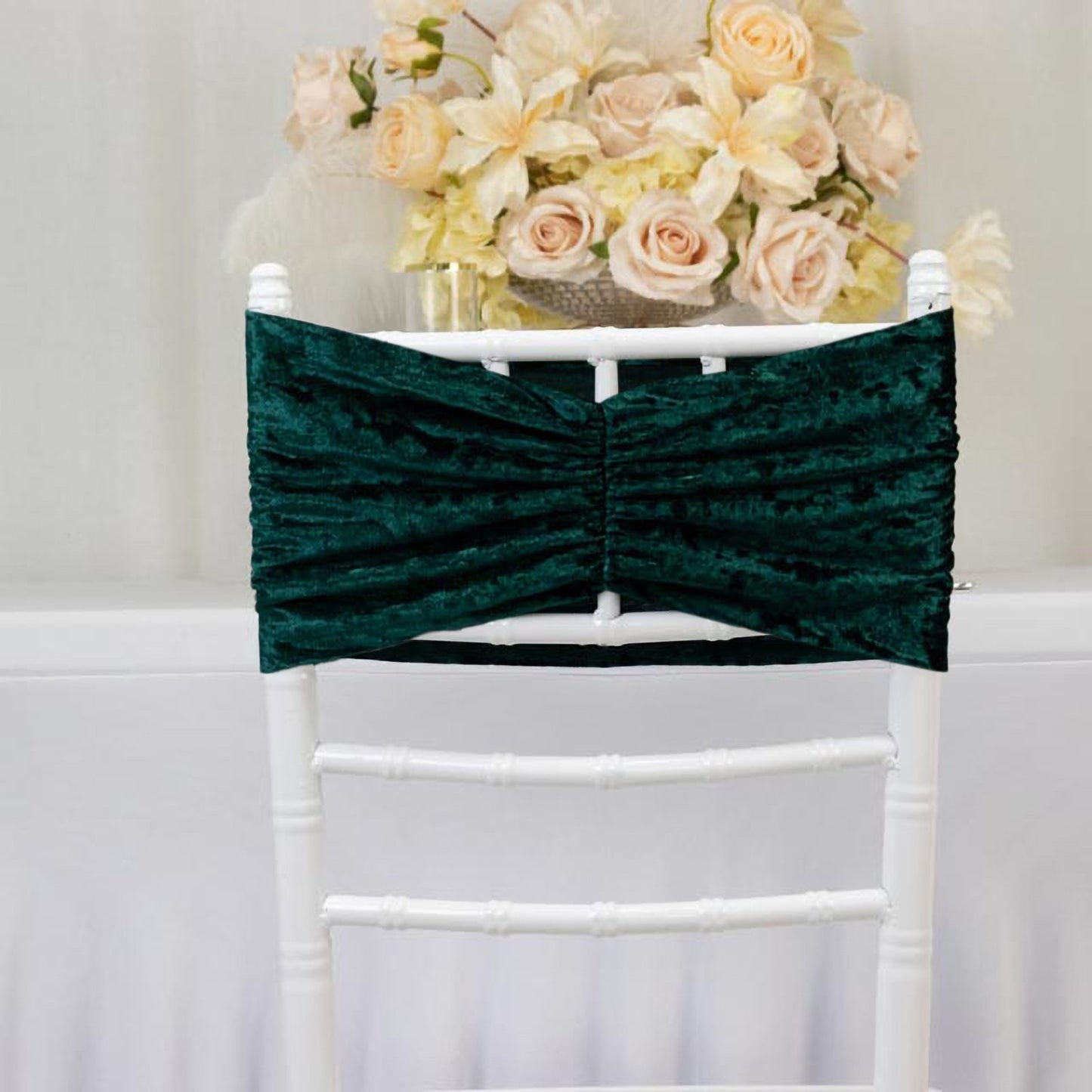 5 Pack Crushed Velvet Chair Bands Hunter Emerald Green Wide Ruffle Style - Textured Chair Sashes for Stunning Event Decor - 8"x15"
