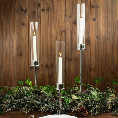 Set of 3 Tall Silver Metal Taper Candlestick Holders, Clear Glass Hurricane Candle Stands With Chimney Candle Shades 16", 20", 24"