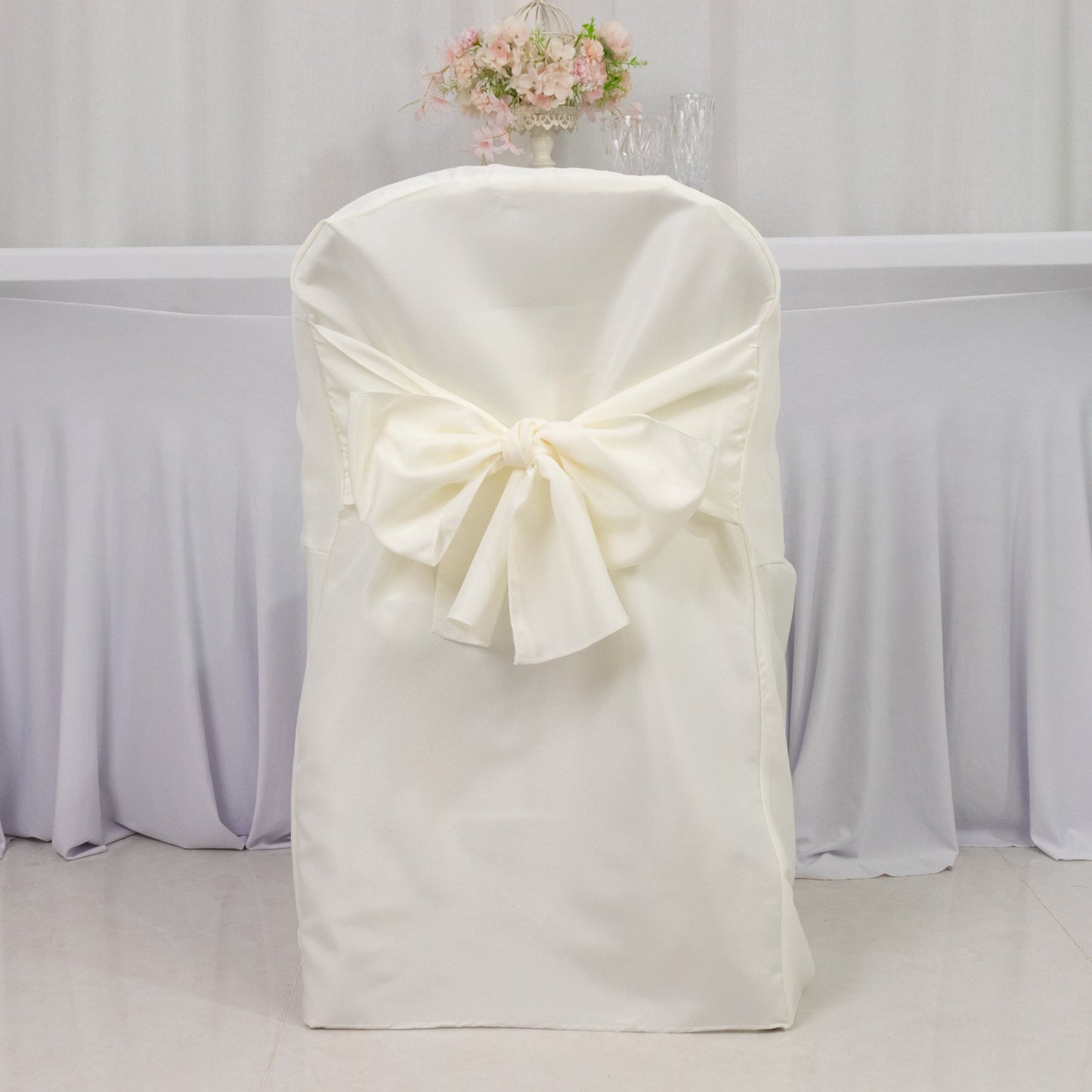 10-Pack Polyester Slip-On Folding Chair Covers with Attached Sashes â€“ Ivory Durable Reusable Covers for Wedding & Event Decor