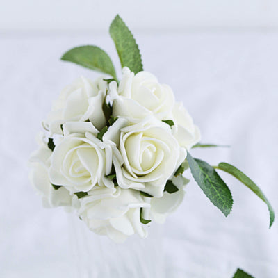 24 Roses 2" Ivory Artificial Foam Flowers With Stem Wire and Leaves
