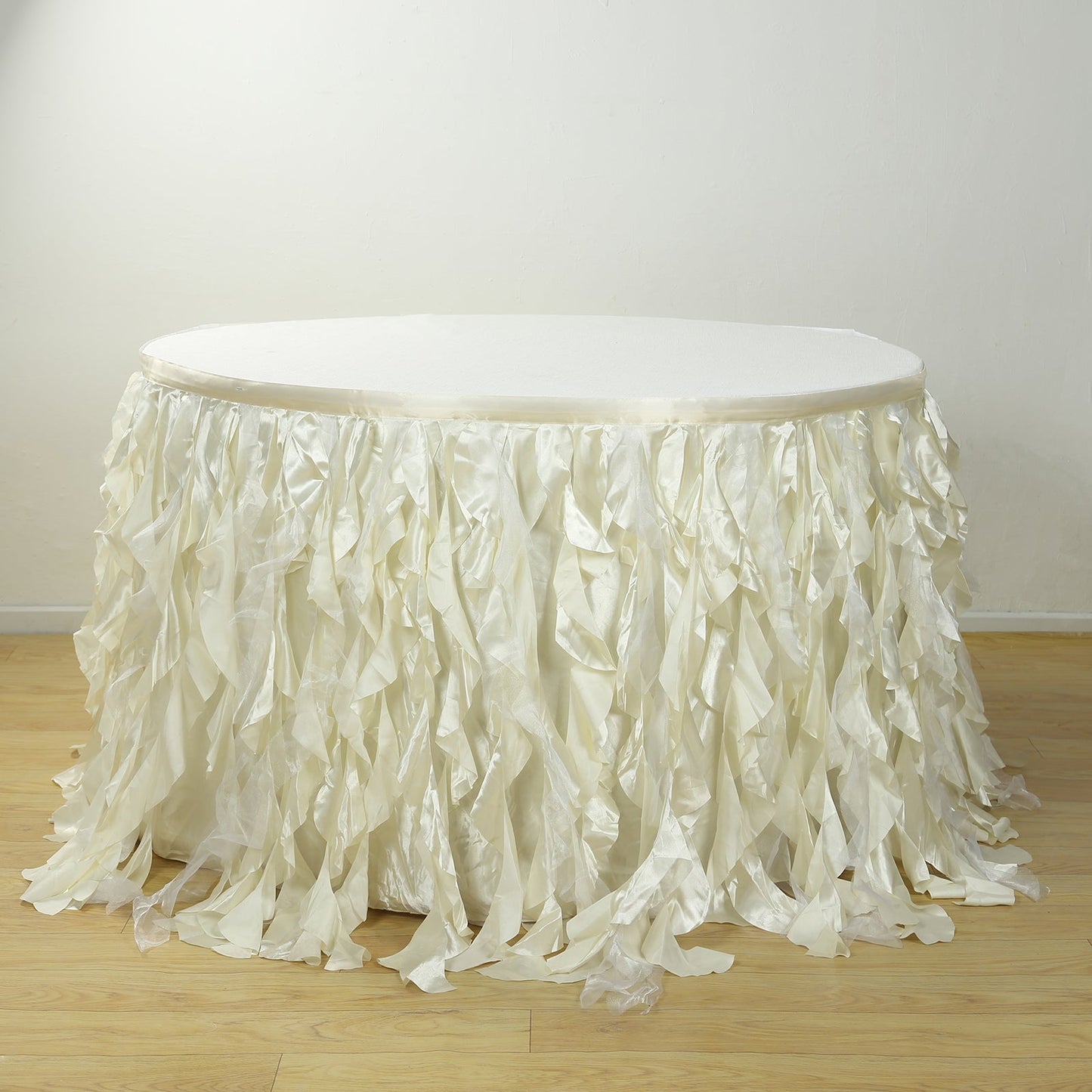 Taffeta 17ft Table Skirt Ivory - Cascading Curly Willow Style Table Cover