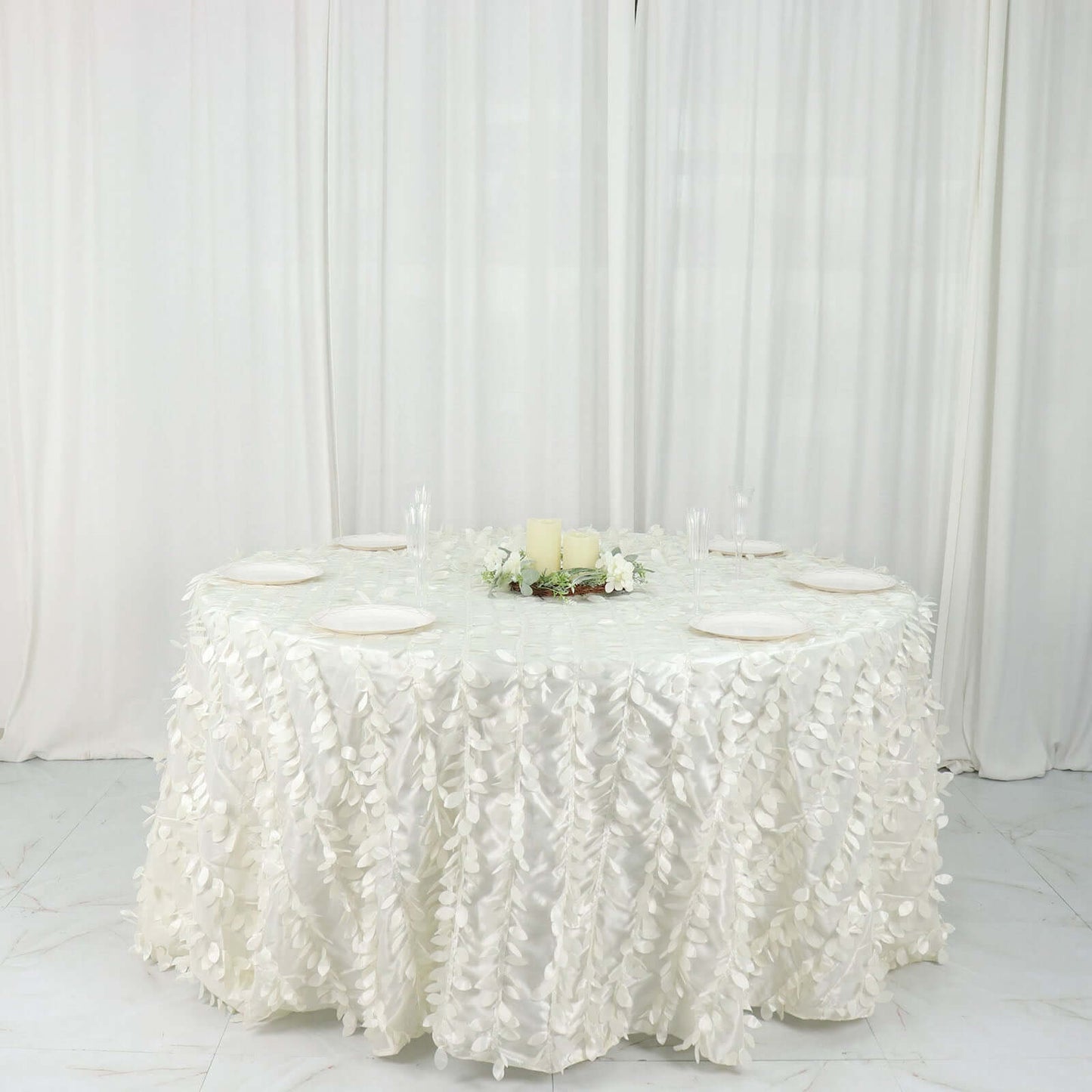 Taffeta 132" Round Tablecloth Ivory | 3D Leaf Petal Design Seamless Table Cover