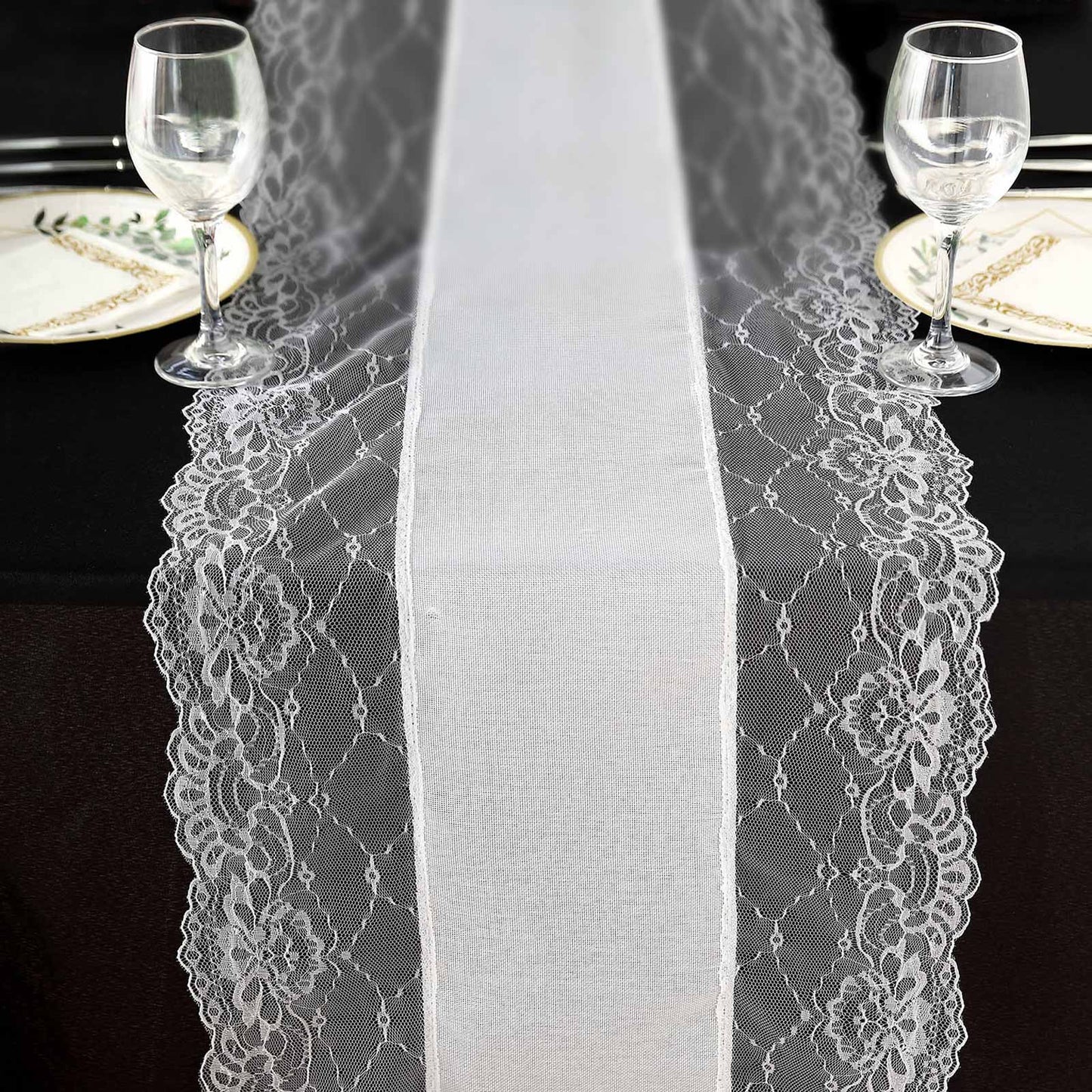 Faux Burlap Jute 16"x108" Table Runner White With Lace Edging - Rustic Farmhouse Table Linen