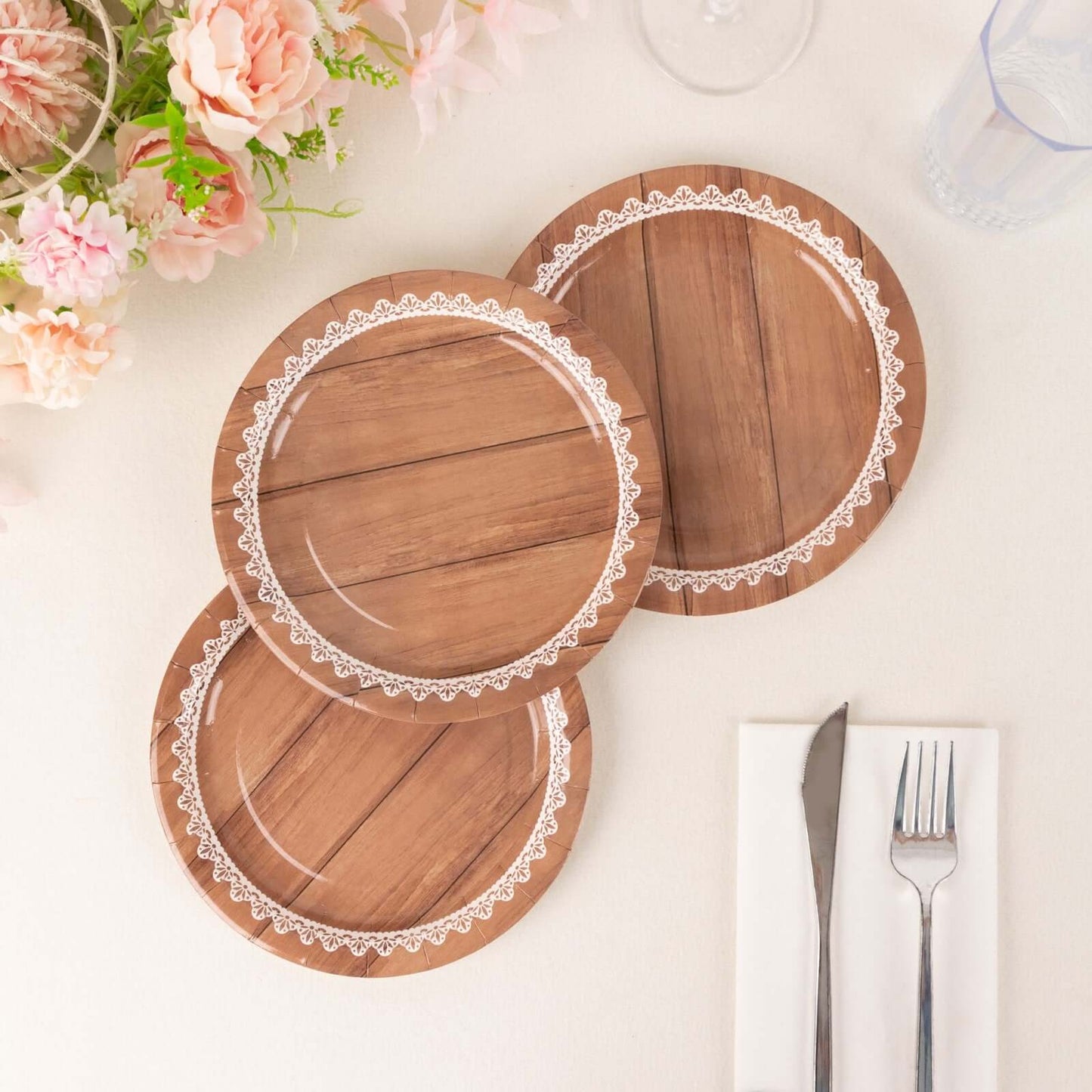 25-Pack Paper 7" Round Dessert Plates in Brown Wood Grain Print with White Floral Lace Rim - Disposable Appetizer Salad Plates for Rustic Farmhouse Style Events