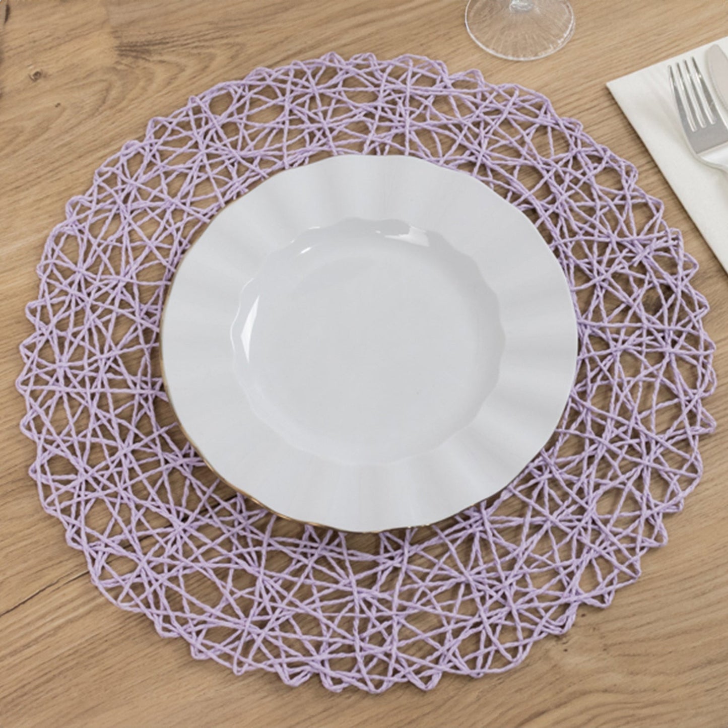 6-Pack Table Placemats Woven Fiber Design Lavender Lilac Round - Disposable Mats for Dining and Events 15"