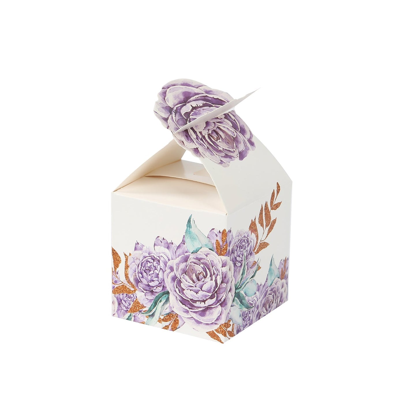 25 Pack Lavender Peony Floral Top Candy Gift Boxes, Lilac Cardstock Paper Party Favor Boxes - 3"x3"x5"