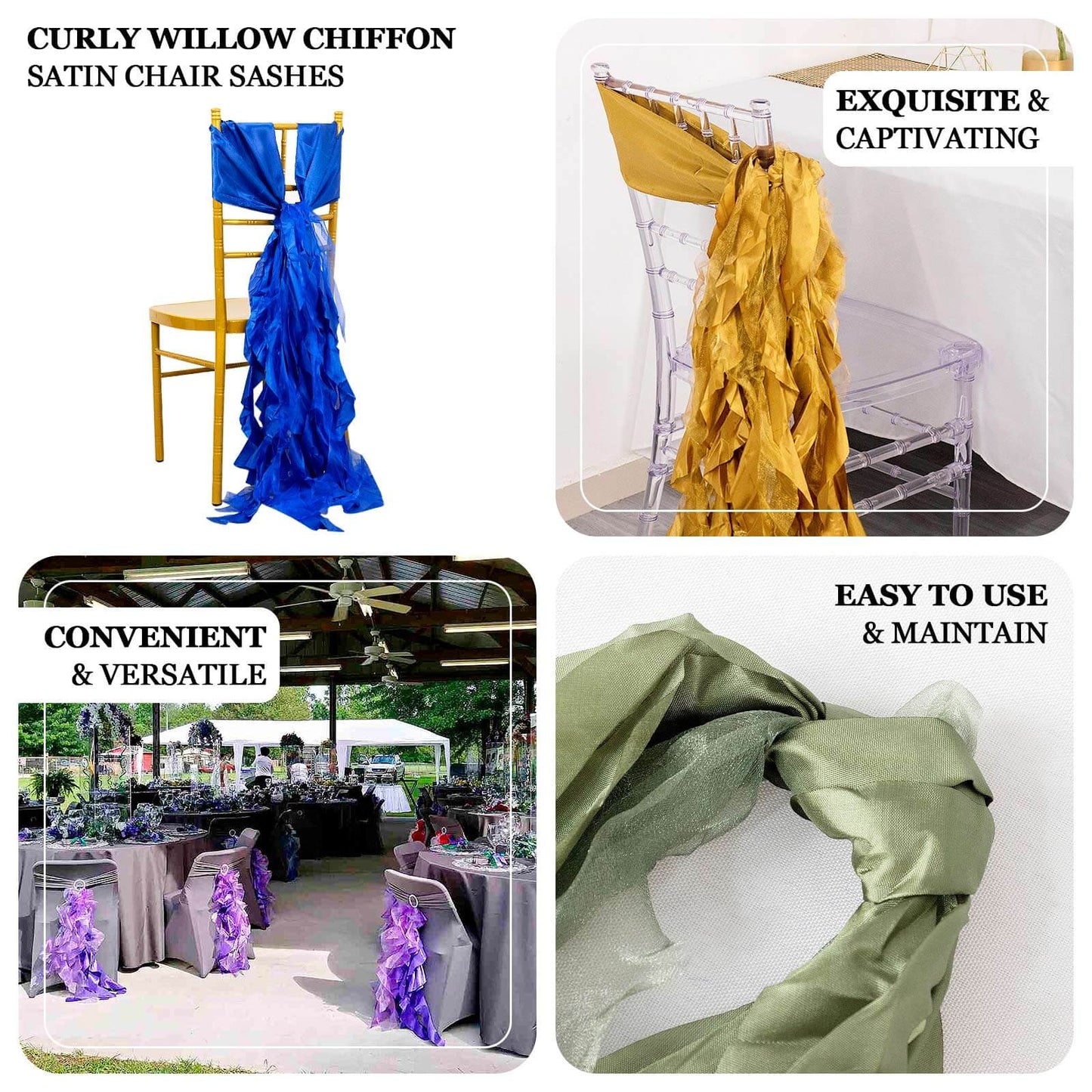 5 Pack Chiffon Satin Chair Sashes Lavender Lilac - Easy to Install Ruffled Curly Willow